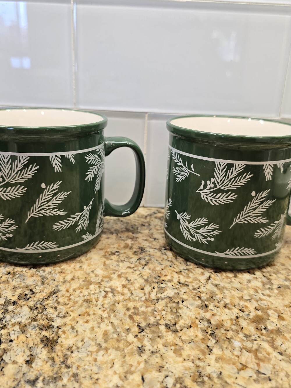 Set of 2 Hallmark 2022 16 oz Green White Pine Branches Ceramic Coffee Soup Mugs